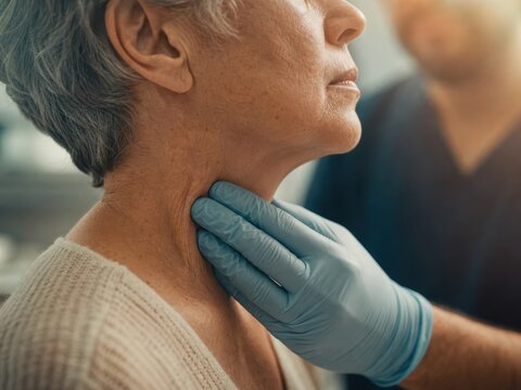 Close up of nurse hand palpating senior woman neck for lymph node and thyroid exam