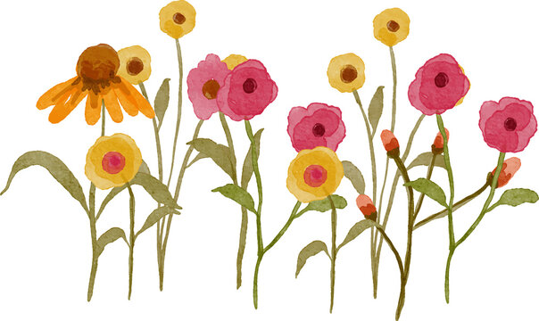 Delicate watercolor illustration of a variety of wildflowers in shades of pink yellow and orange with green stems and leaves on a transparent background.