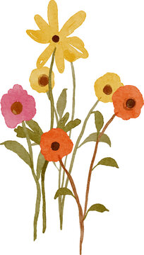 Watercolor painting of a bouquet of wildflowers in various colors including yellow pink and orange with green leaves and stems isolated on a transparent background.