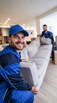 Movers carrying sofa: Two male movers in blue uniforms and caps are carefully carrying a large sofa into a room, while another mover carries boxes in the background.