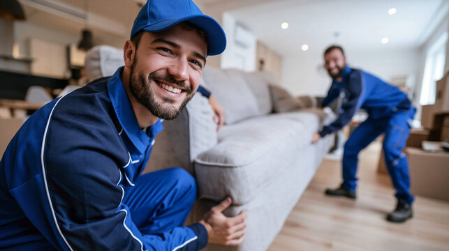 Movers Team in Action: Two uniformed movers carefully maneuver a sofa into a new home, surrounded by moving boxes. The lead mover smiles confidently at the camera.
