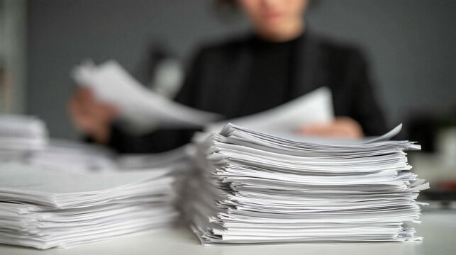 Stack of Documents and Person Working: A meticulous individual reviews a large pile of paperwork, symbolizing the diligent effort and organization required in professional settings.