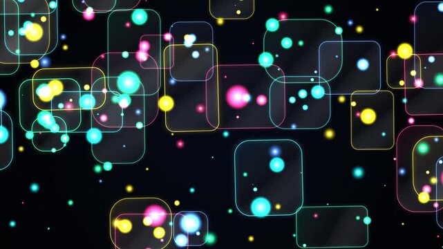 Abstract neon glowing rectangles and floating particles motion background, colorful digital technology overlay for modern visual