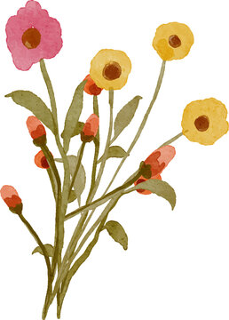 Watercolor painting of a bouquet of blooming flowers and buds in shades of pink yellow and orange with green leaves and stems isolated on a white background.