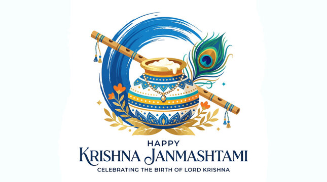 Happy Krishna Janmashtami: Lord Krishna's Birth Celebration with Flute and Pot