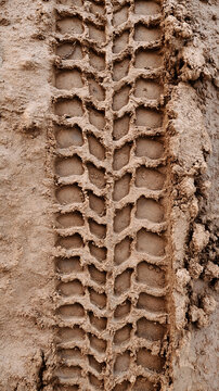 A close-up view of a tire tread imprint on dry, cracked earth.