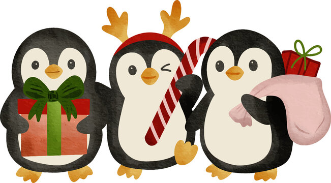 Three cute cartoon penguins celebrating Christmas holding gifts and candy cane with festive reindeer antlers and scarf watercolor style illustration