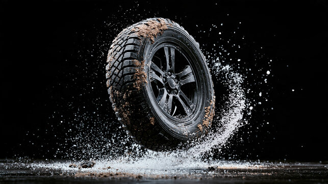 A rugged off-road tire splashes through water, highlighting its tread pattern and durability in dynamic motion against a dark background.
