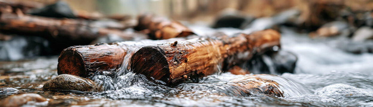 Several logs partially submerged in a flowing stream, surrounded by smooth rocks and blurred natural background.