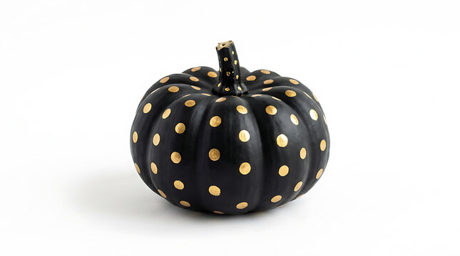 Black pumpkin painted with metallic gold polka dots on white background