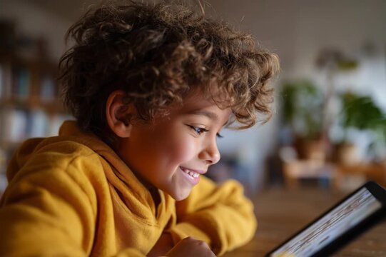 Close-up of a smiling biracial child with curly hair playing games on a digital tablet at home
