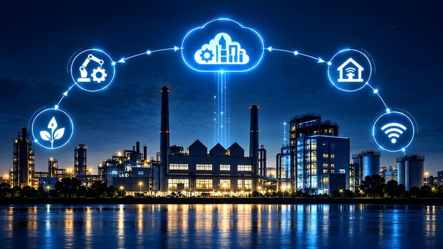 Smart factory industrial complex with glowing digital network connecting to cloud representing industry 4.0 automation and connectivity