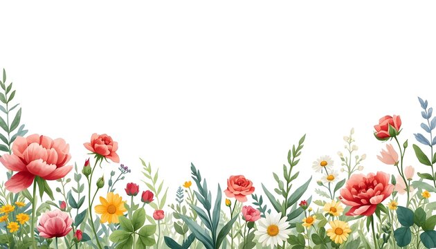 Spring border. Watercolor colorful wildflower floral clipart - flower meadow green red yellow herbs leaves. Wedding invitation, fashion, background, textile. Peony, rose, shamrock, chamomile