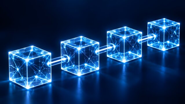 Abstract glowing blue cubes connected in a chain symbolizing blockchain technology data security and digital networks with interconnected nodes and lines.