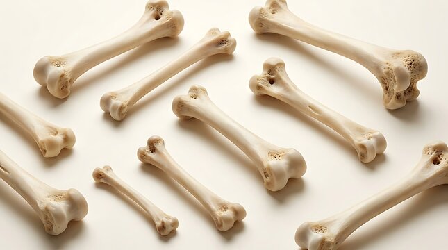 A collection of clean chicken bone calcium samples arranged on a plain light background for scientific research study