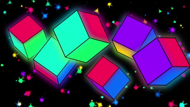 Neon floating cubes abstract background, with glowing particles, and dynamic motion