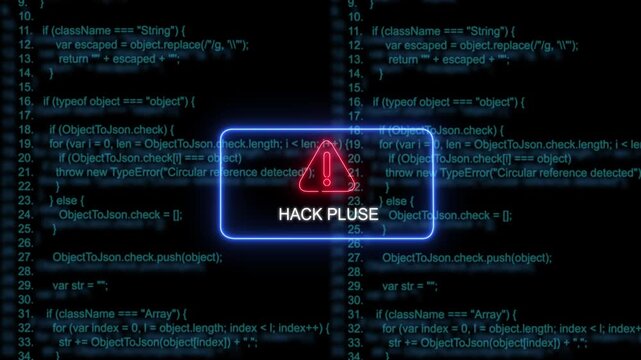 Cyber security alert warning sign featuring a glowing neon red triangle and the text hack pluse over a dark background, of scrolling computer, programming code lines, for digital threat concepts