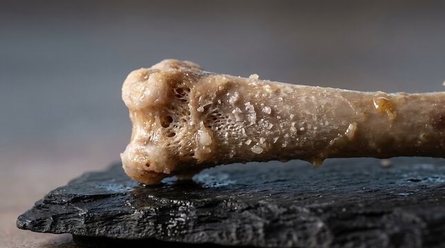 A close-up of a cooked chicken bone calcium source showing porous texture and mineral surface on a dark stone plate
