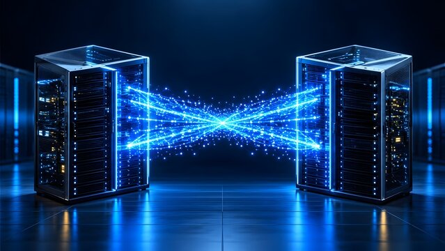 Two glowing server racks in a dark data center connected by a vibrant blue digital data stream symbolizing network connectivity and information transfer.