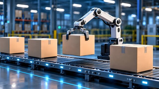 Automated robotic arm picking up cardboard box on a conveyor belt in a modern warehouse or factory symbolizing logistics and automation