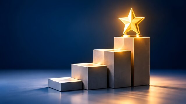 Golden star trophy on a tiered pedestal representing achievement success and reaching the top against a dark blue background.