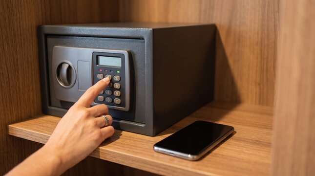 woman hotel room safety concept. Person entering code on electronic safe with smartphone on wooden shelf