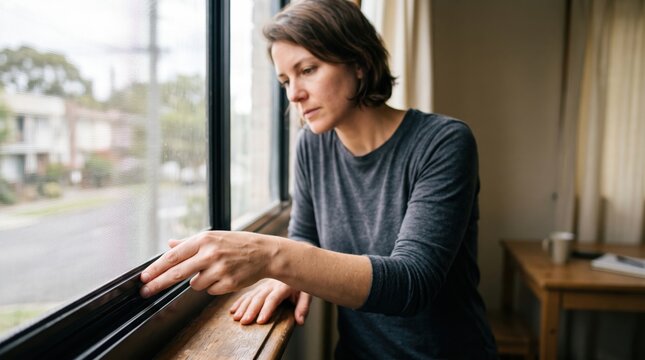woman hotel room safety concept. Woman looking thoughtfully out of a window in a quiet indoor setting