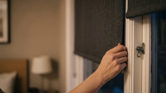 woman hotel room safety concept. Hand pulling down a black window blind in a cozy indoor setting