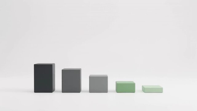 A 3D bar chart showing carbon footprint reduction transitioning from dark high emission bars to green eco friendly levels, illustrating corporate sustainability goals and environmental progress.