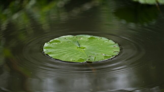 Green lily pad floating on dark water with ripples.