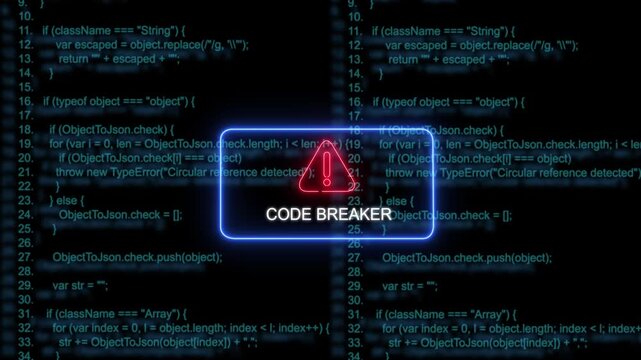 Cybersecurity code breaker warning alert with glowing neon red warning triangle and blue digital programming source code background, for advanced software, development and data, protection concepts