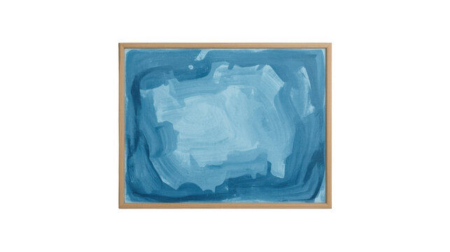 A frosted blue ice block with irregular edges and a glossy finish sits inside a wooden frame against a plain background.