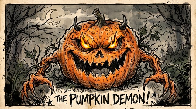 Spooky pumpkin demon monster illustration for Halloween