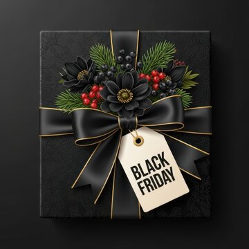 Black friday gift box with floral and berry decoration.