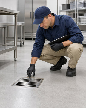 Technician inspecting floor drain cover for commercial pest prevention