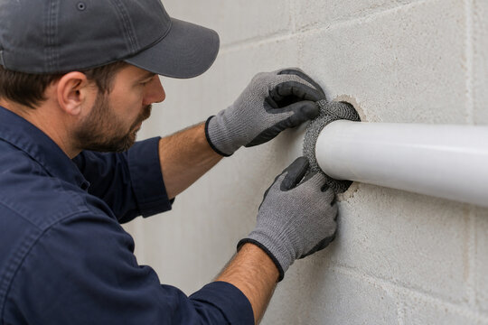 Technician sealing pipe penetration gap for commercial pest exclusion
