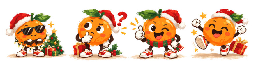 Obraz premium Cute Orange Christmas Character Set with Santa Hats