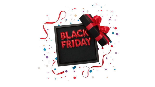 Black Friday gift box with decorative ribbon and confetti on transparent background.