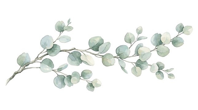 Watercolor Eucalyptus Branch Illustration with Round Silver-Green Leaves Isolated on White Background