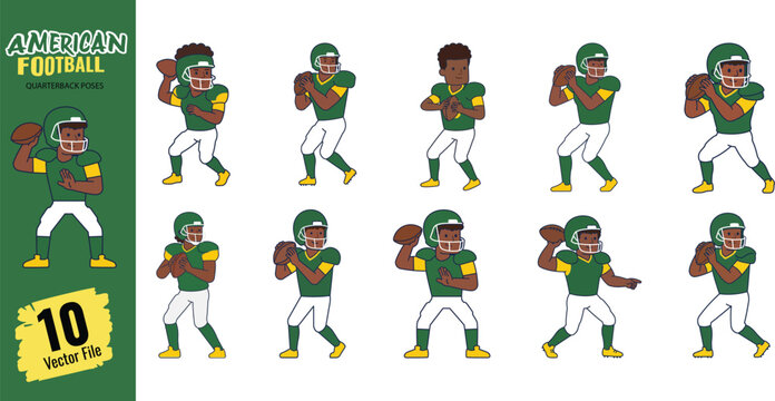 American football quarterback character set with various throwing poses in flat vector illustration style for sports design
