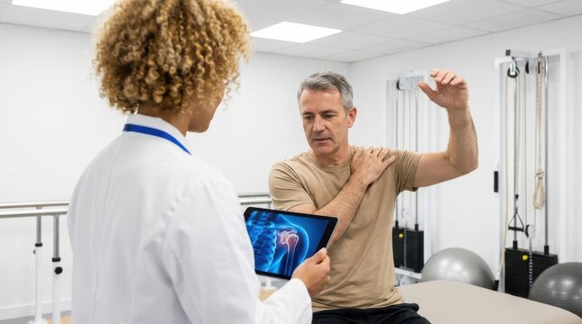 Physical therapist examines shoulder pain with patient on tablet showing x-ray scan for treatment planning and rehabilitation.
