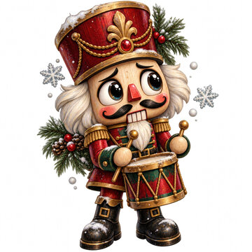 Cute Christmas nutcracker drummer in red and green uniform with snowflakes, pine branches and festive berries, whimsical holiday character isolated om transparent background