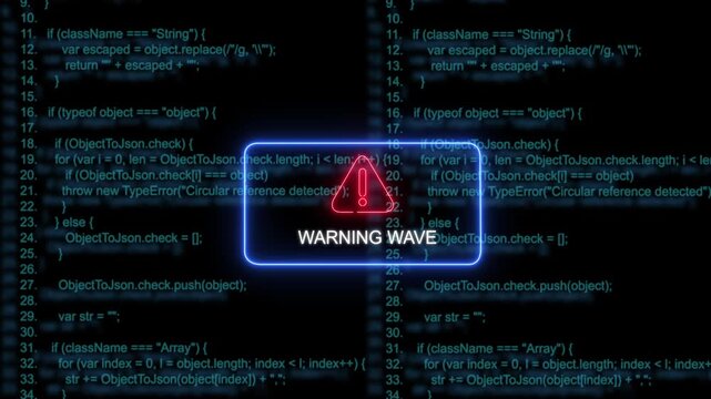 Dynamic digital warning wave notification with glowing neon red alert symbol and blue frame overlaying scrolling javascript source code background, for cybersecurity, software, development, and tech