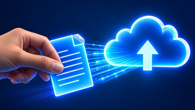 Hand interacting with virtual interface to upload digital document file directly into a secure glowing cloud computing storage system