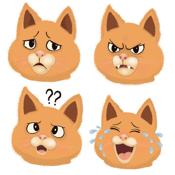 Cute orange cat character expressions set with different emotions
