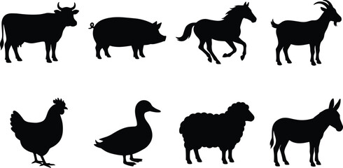 Fototapeta premium Black Farm Animal Silhouette Collection Featuring Cow Pig Horse Goat Chicken Duck Sheep and Donkey