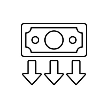 Money loss icon dollar bill down arrow vector illustration financial crisis decrease cost reduction symbol isolated on white background