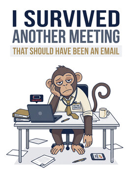 Exhausted monkey office worker sitting at desk with laptop and funny quote isolated on white
