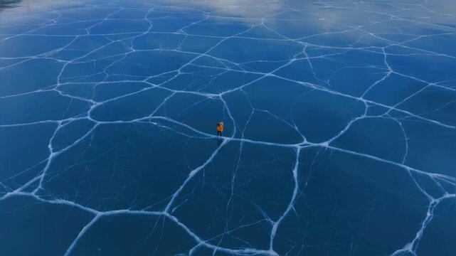 Aerial view of a person standing on deep blue frozen lake ice with white crack patterns