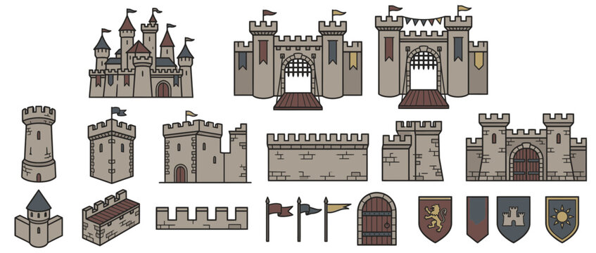 Medieval Castle Elements Collection, Isolated Icons